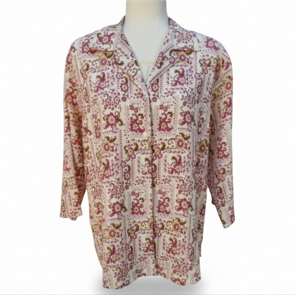 Vintage Notations Floral Button Front Blouse Cottagecore Boho 90s Grandmacore XL